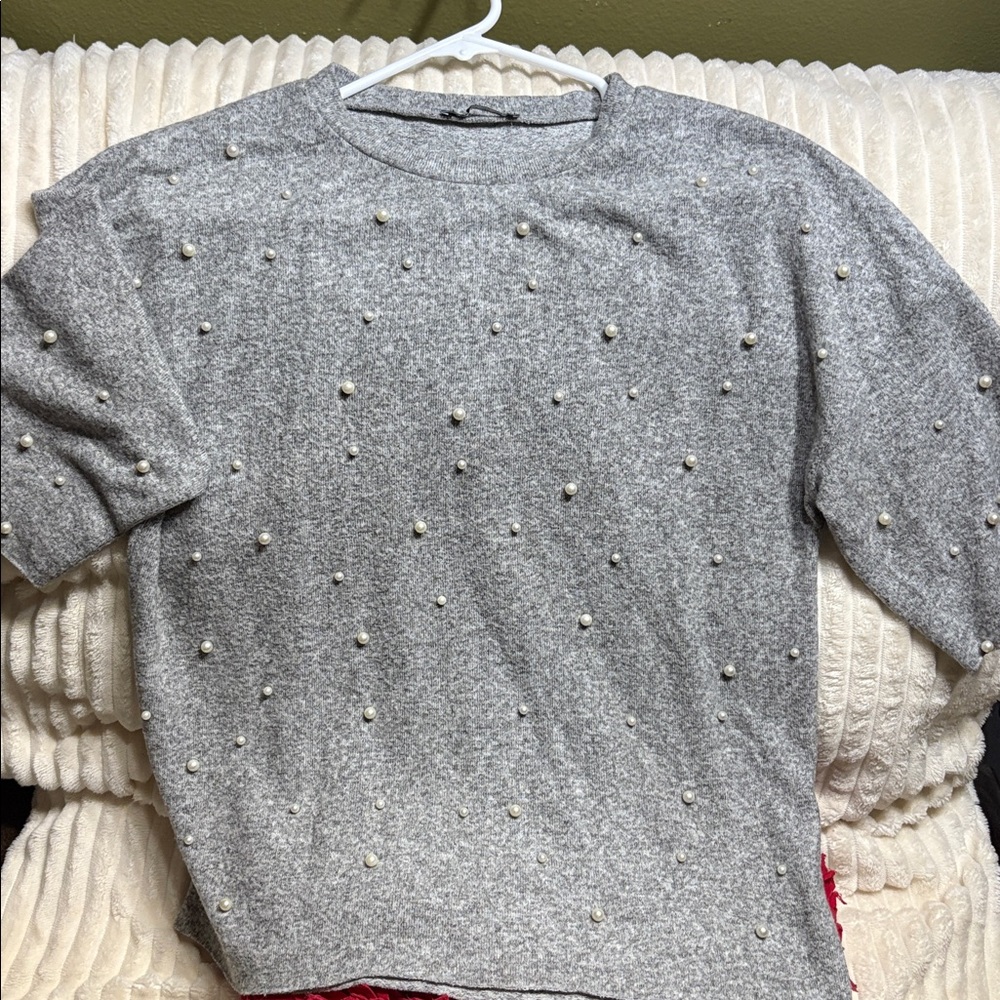 Gray ZARA Sweater with Pearl Embellishments